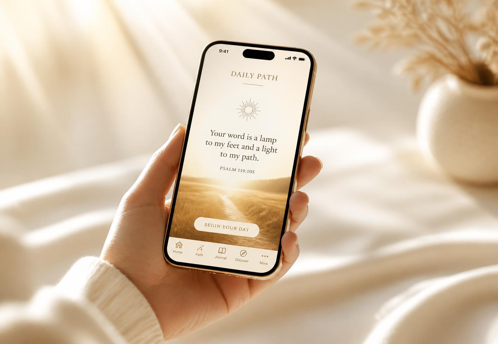 A hand holding a phone showing the daily Kingdom Coaching path