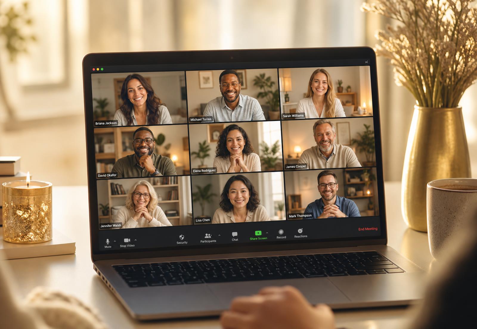Men and women connected on a weekly group coaching video call
